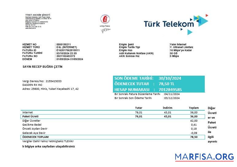 Printable Turkey Turktelekom business utility bill template in Word and PDF formats, fully editable